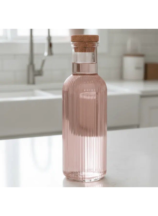 Glass Water Bottle – 1 Litre | Pink Ribbed Design with Cork Lid - Image 2